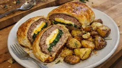 Polpettone delle feste in crosta di sfoglia: ripieno filante e patate al forno insieme