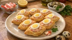 Conchiglie di sfoglia mare e monti: crema al surimi e uova di quaglia in 15 minuti