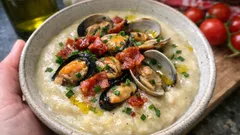 Crema di patate e topinambur con cozze, vongole e pancetta croccante: come farla cremosa