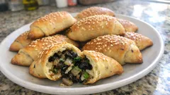 Eliopitakia ciprioti vegan: mezzalune al forno con olive, menta e sesamo