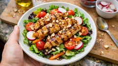 Petto di pollo all’agro con insalata e mandorle: leggero, pronto in pochi minuti