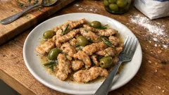 Straccetti di tacchino al vino bianco con olive verdi: pronti in 15 minuti, morbidi e saporiti