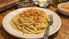 Spaghetti burro e alici con pane croccante: il trucco per una mantecatura perfetta