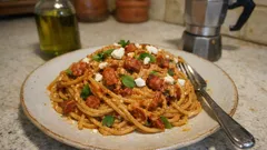 Spaghetti integrali con crema di pomodori secchi e pancetta croccante