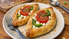 Peinirli mediterranei al forno: barchette di pizza con feta, pomodoro e peperone